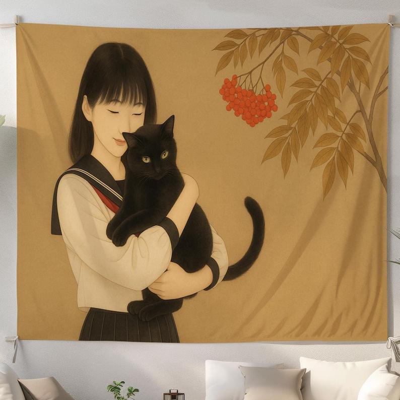 Girl and Black Cat tapestry