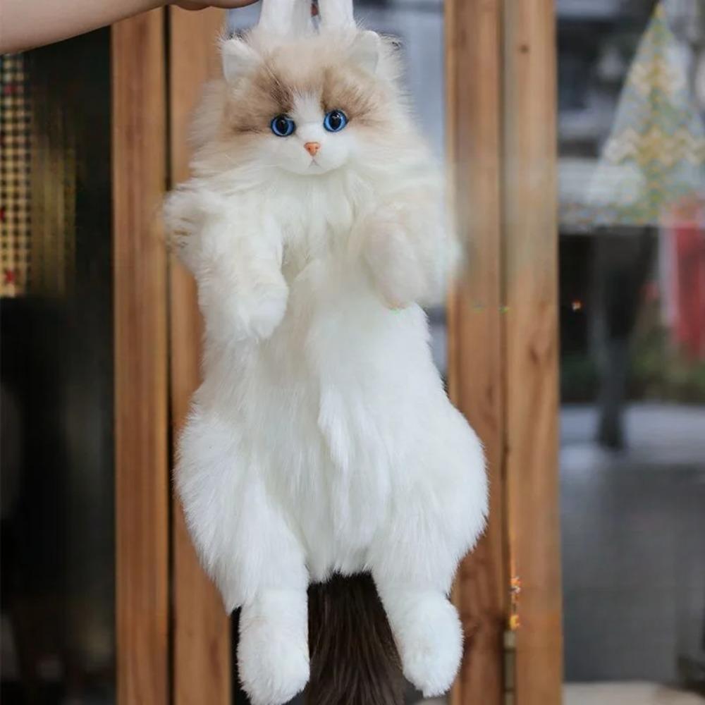 New Super Realistic Three Flower Cat Backpack Pure Handmade Cute Cat Plush Doll Shopping Bag Travel Storage Makeup Bag Gift