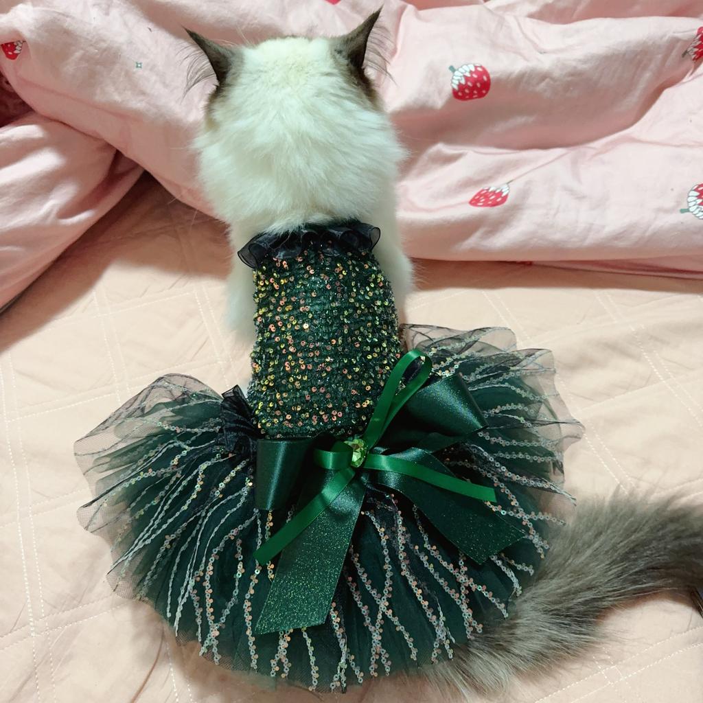 Christmas Princess Dog Dress for the Small Medium Puppy with Sequin Crystal Bow, Black, Green, Red Holiday Party Apparel Costume