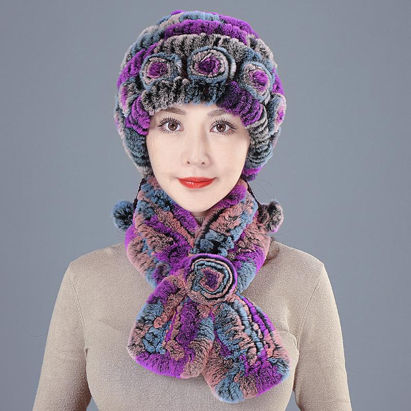 Fur Hat Female Winter Rex Rabbit Hair Middle Old Lady Warm Grandma Hat Mother Hat Old Man Hat Hair Scarf