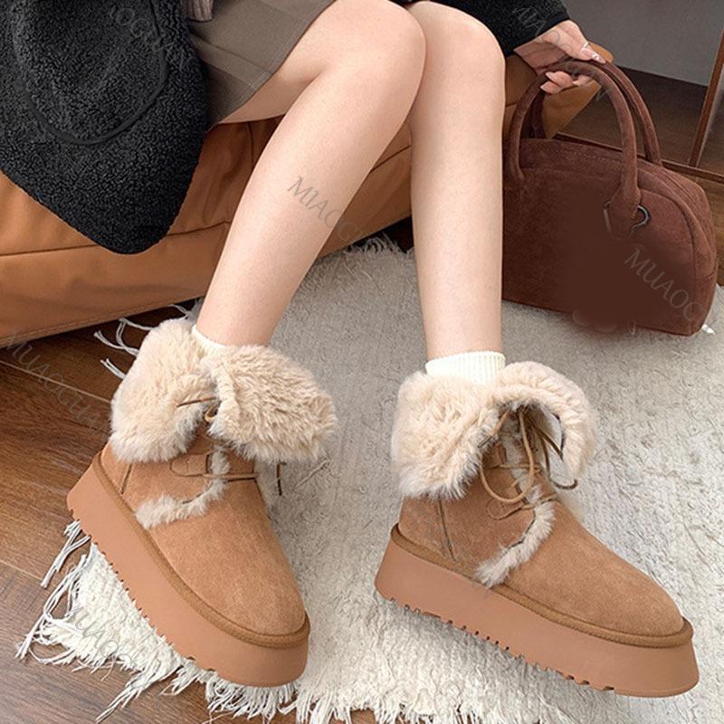 Fur Snow Boots Women Autumn Winter Shoes New Thick Bottom Furry Warm Padded Short Boots Lace Up Solid Casual Plush Ankle Botas