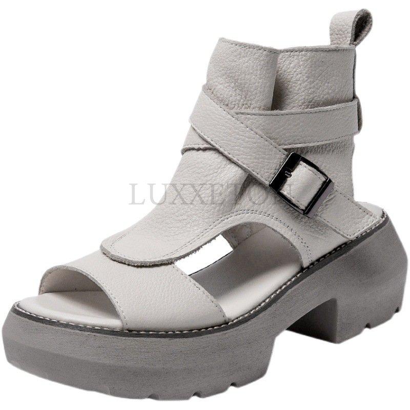 Римские туфли Сандалии с открытым носком на толстой подошве Весна-лето Повседневные сандалии с пряжкой сзади Пустые винтажные сандалии с высоким берцем Босоножки на платформе