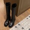 ! Shoes Cowhide Square Round Head Straight Height Increase Thick Heel Platform Knight Boots Women's Boots