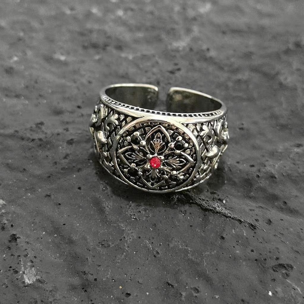 Unique Heavy Industry Thai Inlaid Zircon Pattern Open Ring Creative Fashion Ring