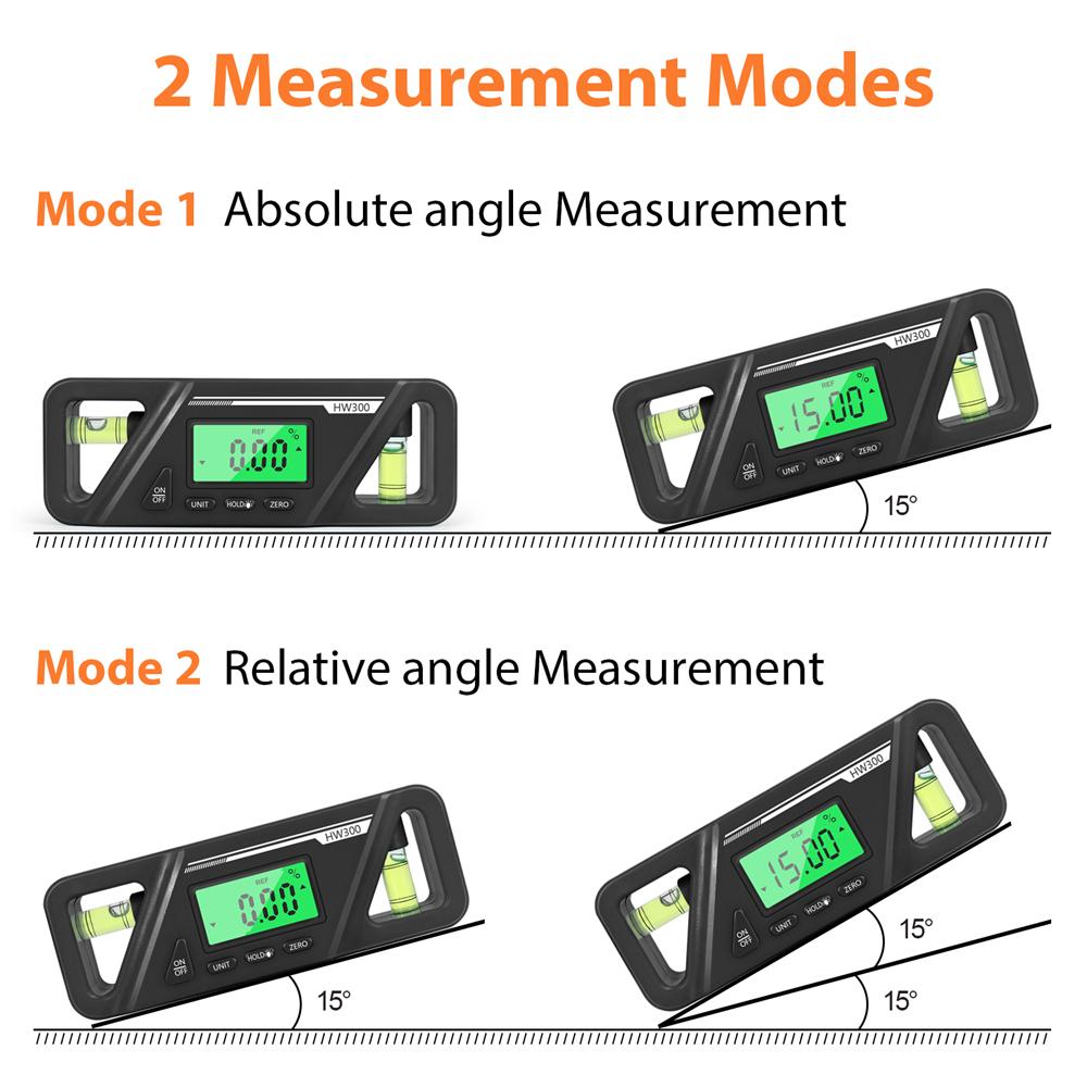HW-300 Digital Inclinometer Angle Finder Gauge Spirit Level Bottom Magnet Data Hold Bright LCD Display Compact Inclinometer
