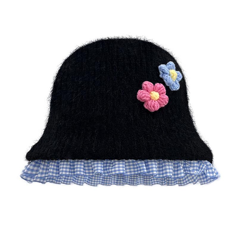 Милая плюшевая шляпа-ведро с цветком, женская осенне-зимняя теплая универсальная вязаная шапка с изображением лица, маленькая шерстяная шапка прилив