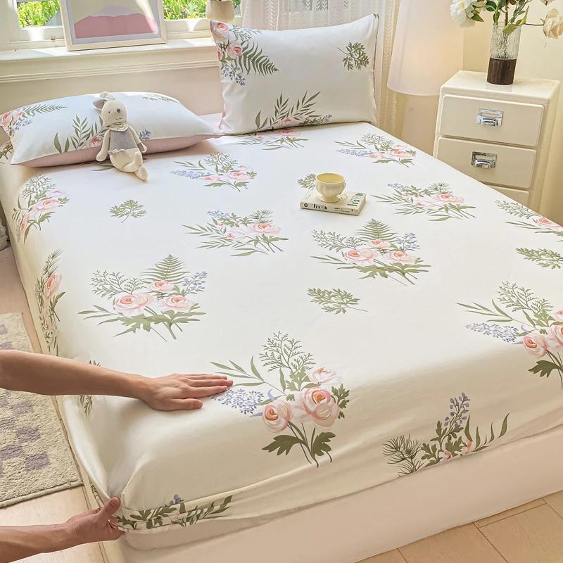 Pure Cotton Printed Fitted Sheet Soft Comfortable Mattress Cover With Elastic Band For Single Double Queen Size Bed