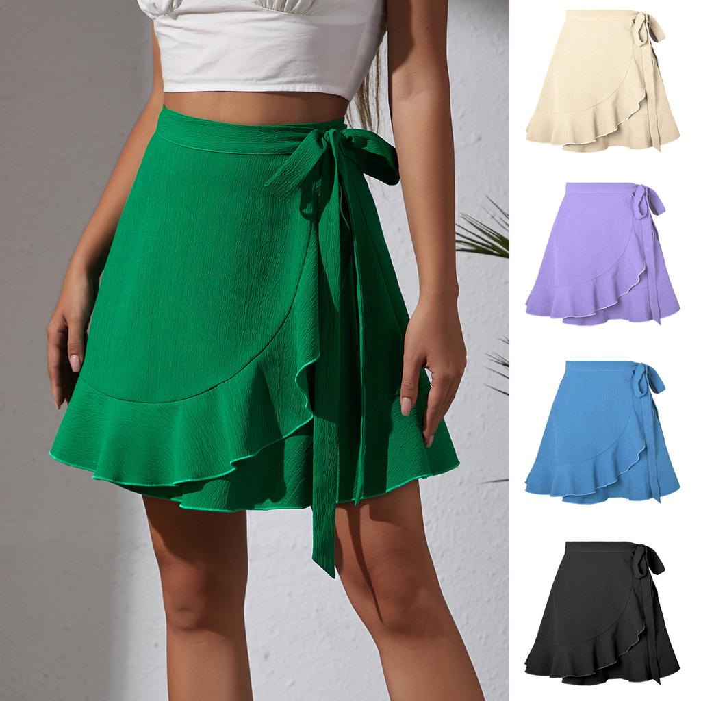 One Piece Lace Up Skirt High Waist Solid Color Ruffled Edge Short Skirt Cross-border Women's Clothing