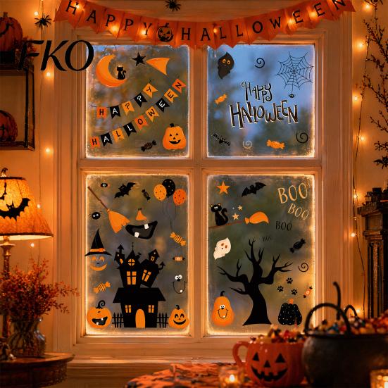 Non-adhesive Glass Stickers 4 Sheets Halloween Electrostatic Stickers, Cartoon Pumpkins Castle Bats Window PVC Waterproof Static Clings for