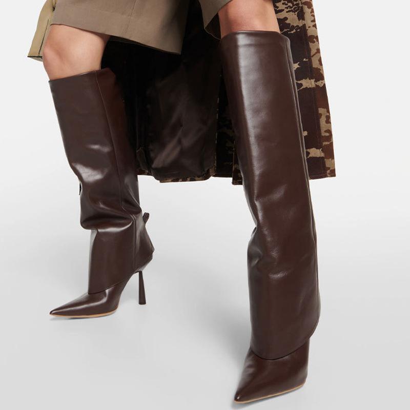 Autumn Winter New Fashion Minimalist Knee Boots for Women Europe America Pointed Slip-on High Heels Big Size Shoes 43 44