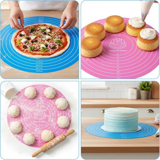 2 Pcs Silicone Cake Mat, 12 Inch Round Silicone Baking Mat with Measurements Pink Blue Turntable Pastry Mats Non-Stick Heat Resistant Reble Cookie