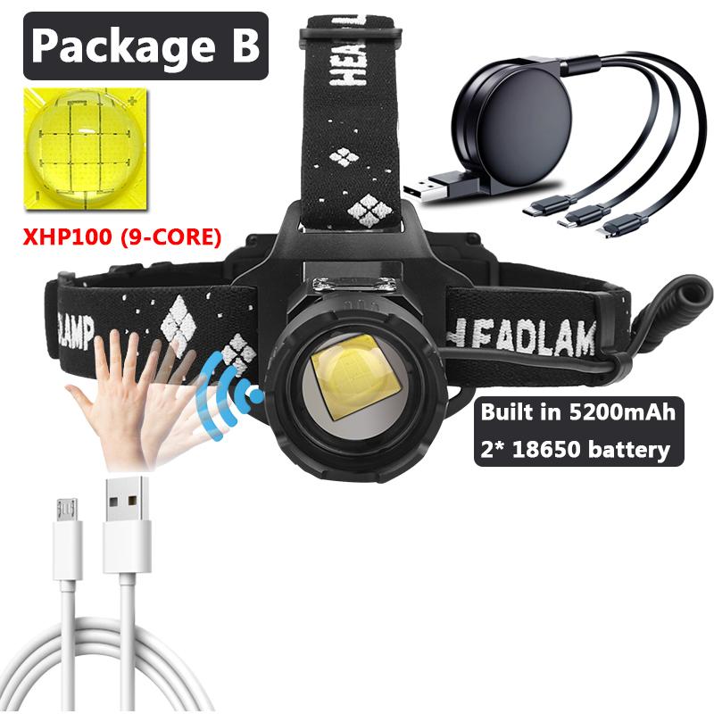 XHP100 9-core Built In BatterySensor Led Headlamp Powerbank 7800mAh Headlight Zoomable Head Flashlight Lamp Torch for Camping