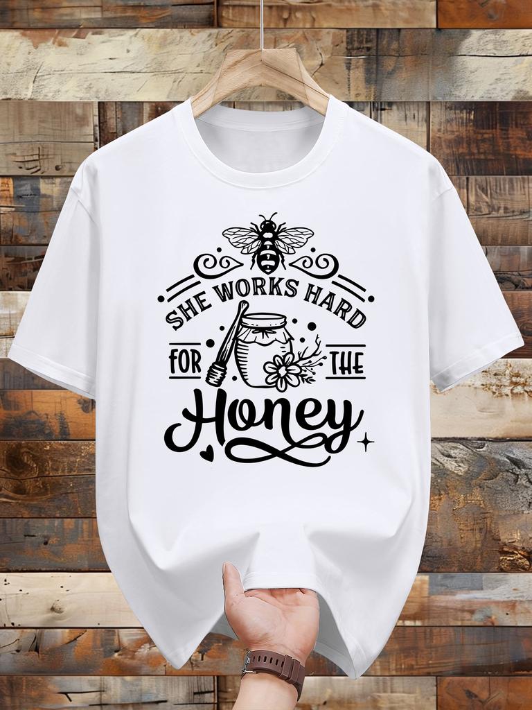 200g 100% Cotton Casual T-shirt - "She Works Hard for the Honey" Design with Bee & Honeycomb Illustration
