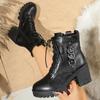 2025 Autumn and Winter New Round Head Lace-up Martin Boots Women's British Style Belt Buckle Side Zipper High Heel Short Boots