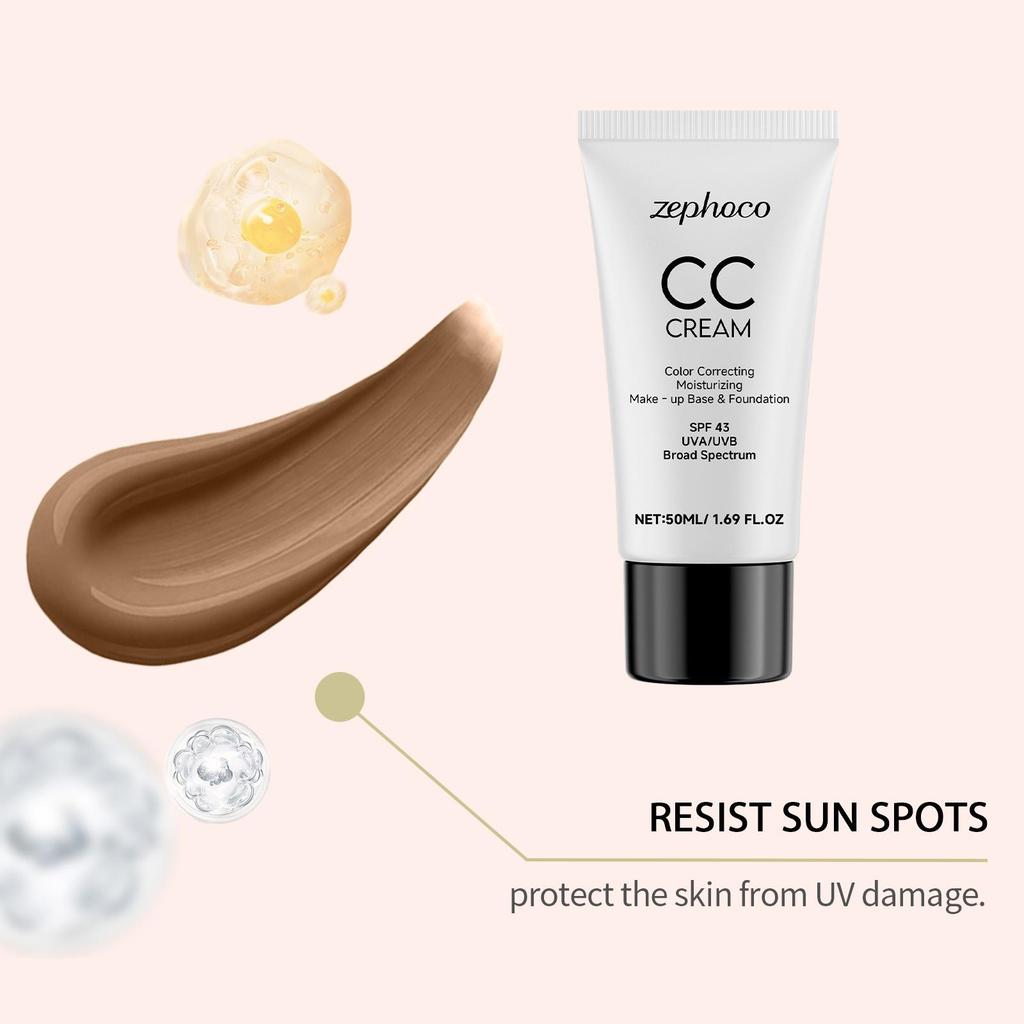 zephoco СС Крем Тональная основа Защита от УФ-лучей Увлажняющая база под макияж Коррекция цвета Косметика 43 SPF Крем для лица Тональная основа