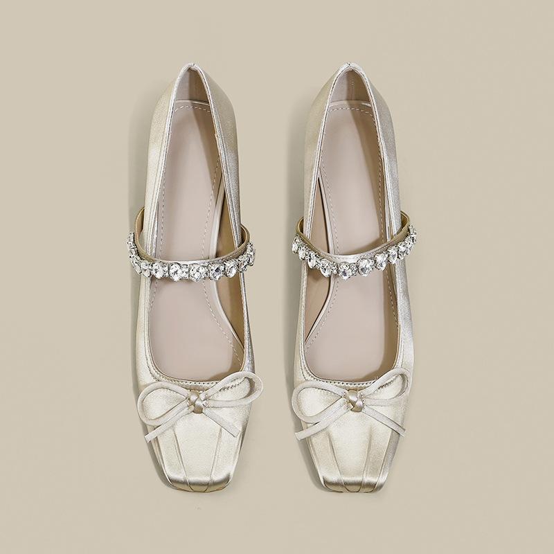 Модные Горячие Продажи 2025 Новые Балетки в Китайском Стиле с Кристаллами Мэри Джейн Квадратный Носок Высокий Каблук Одинарная Обувь для Платьев