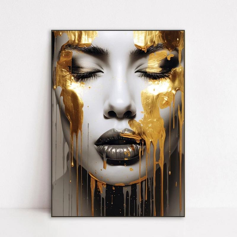 Abstract Woman Face Wallart Poster Girl Wall Art Portrait Gold Face Woman Art Print Living Decor Canvas Painting Modern Home Art