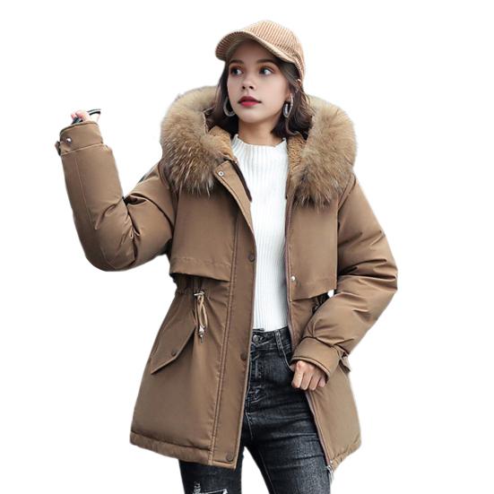 Winter Women Jacket Furry Hood Long Sleeves Drawstring Waist Pockets Zipper And Button Closure Windbreaker Mid Length Solid Color Windproof Warm Coat