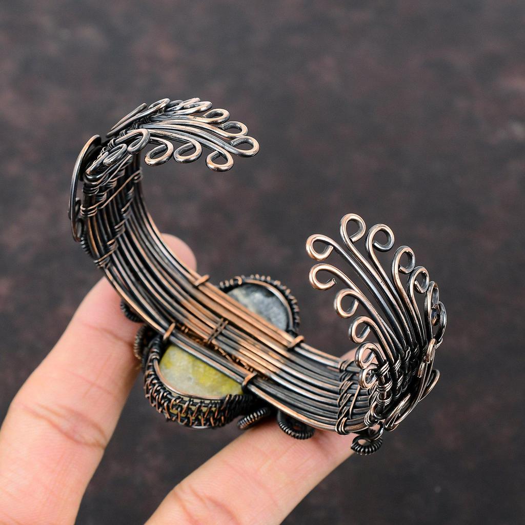 Браслет-манжета из яшмы с шмелем, медная проволока, браслет, драгоценный камень, медные украшения, регулируемый браслет ручной работы, свадебный подарок, ювелирные изделия из проволочной обмотки