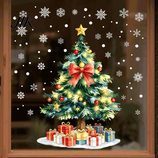 Xmas Tree Wall Decor Christmas Static Window Sticker, Waterproof PVC Decal, Watercolor Snowflake Pattern Stickers Glass Clings for Holiday Home