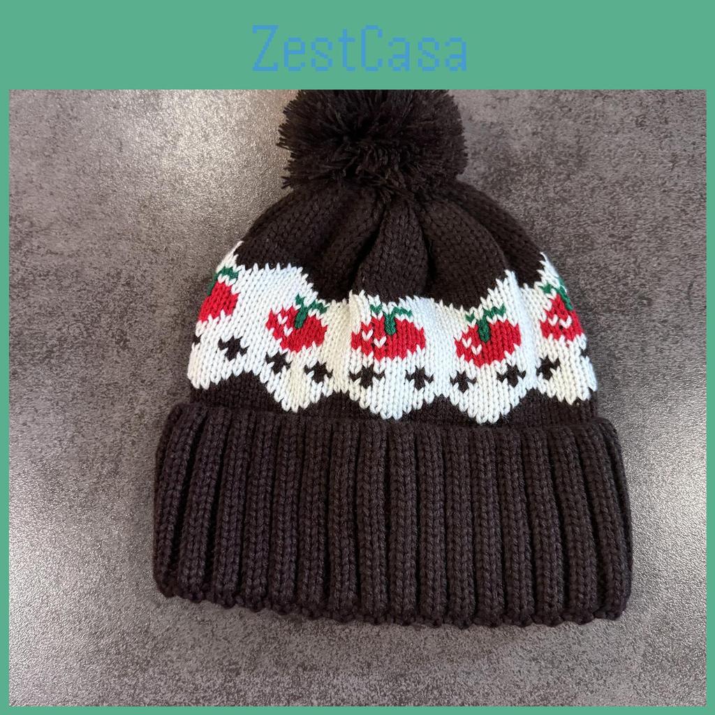 Simple Knitted Warm Hat Cherry Embroidery Design And Plush Decoration Ball