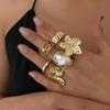 8Pcs/Set Vintage Pink Resin Peach Heart Rings for Women Men Fashion Metal Pleated Pearl Flower Rings Set Bohemia Jewelry Gifts