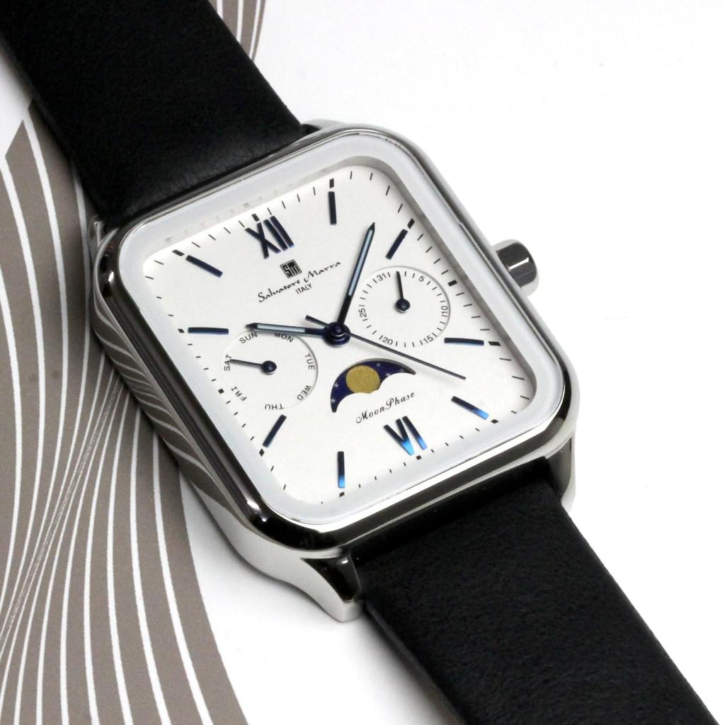Moon Phase Square Square Multi Calendar Daily Waterproof Business Formal Leather Belt Limited Model Silver White [Salvatore Mara] Men's SM24112-SSWHLE