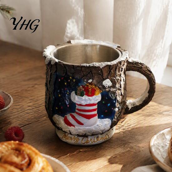 Holiday Home Ornaments Christmas Theme Mug with Stainless Steel Liner, 3D Relief Hand Elk Tableware Painted Resin Coffee Cup, Decorative Drinkware for