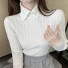 Autumn Winter Women Elegant Polo Collar Ribbed Knitted Sweater Solid Long Sleeve Slim Pullover Tops Basic Jumper Sweater