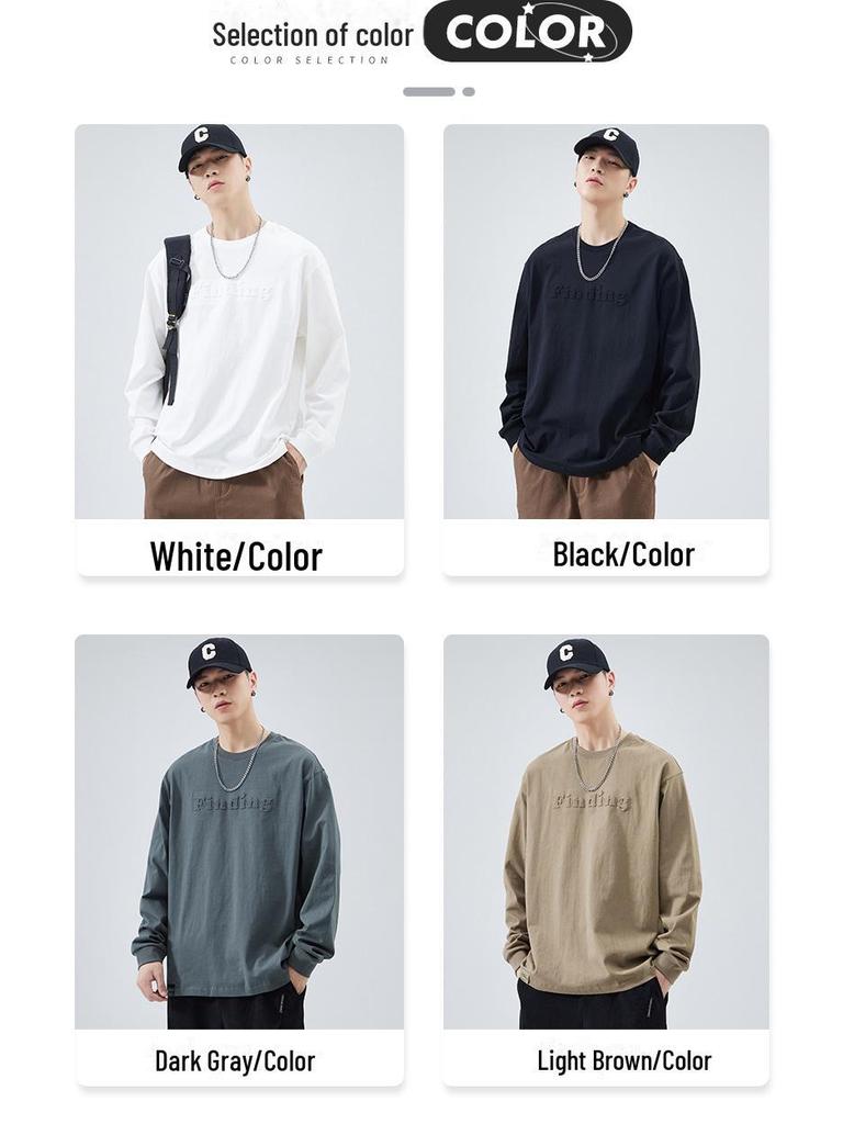 Мужская футболка с длинным рукавом из плотного хлопка - Белая, круглый вырез, стальной принт, свободный крой, осенняя коллекция