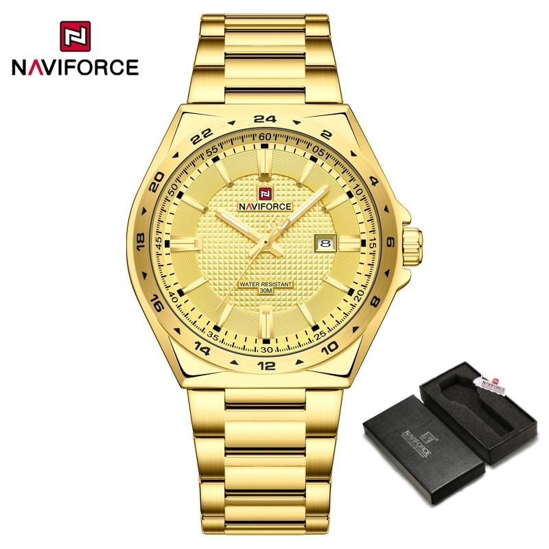 NAVIFORCE Уникальные мужские кварцевые часы Часы Отображение даты Стальной ремешок Водонепроницаемость 3 АТМ Светящаяся стрелка Мужские часы