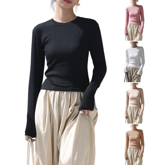 Женская футболка с круглым вырезом и длинным рукавом, облегающая футболка, однотонная, легкая, универсальная, топы, одежда для отдыха