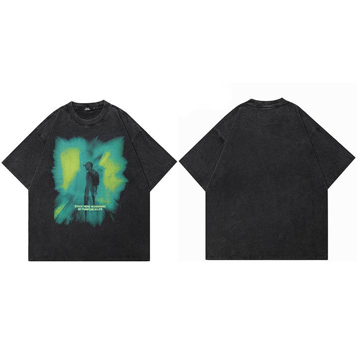 Hip Hop Streetwear Men TShirt Oversized Green Light Graphic T Shirt Retro Washed Black Tshirt Cotton Unisex Tops Tees