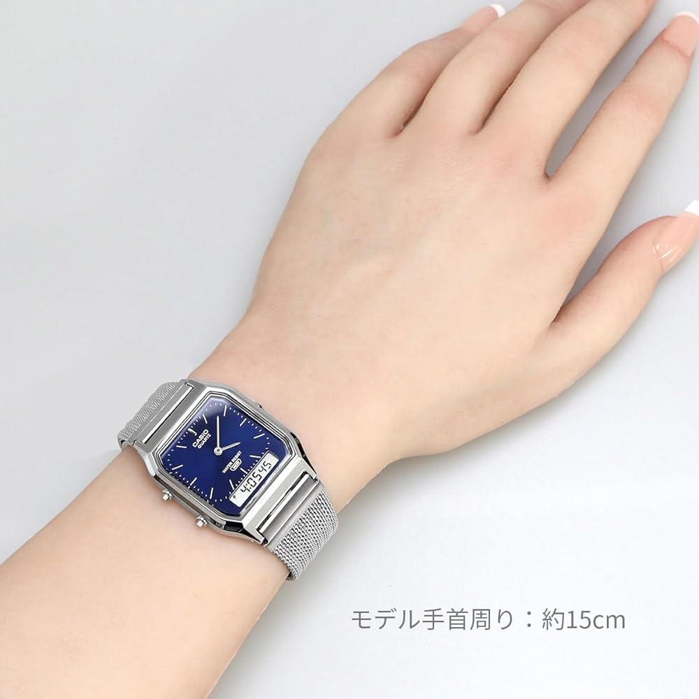 Casio Ana-Digi Vintage Series Quartz Watch AQ-230EM-2A Mesh Metal Band Unisex Dual Time Navy