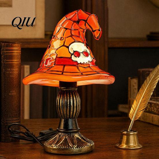 Energy Saving USB Lamp Halloween Witch Hat Table Lamp, Stained Glass Night Light Vintage Gothic Wizard Decorative for Home, Bedroom Office