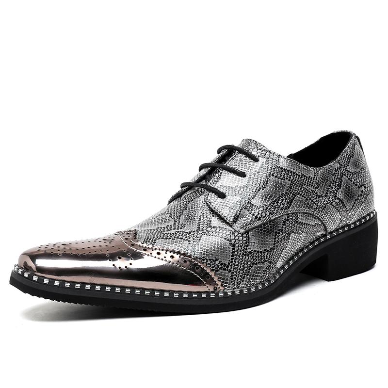 New Men Fashion Block Shoes Silver Gold Luxury Gold Lace Leather Shoes Personalized Pointed Business Dress Shoes Size 38-46