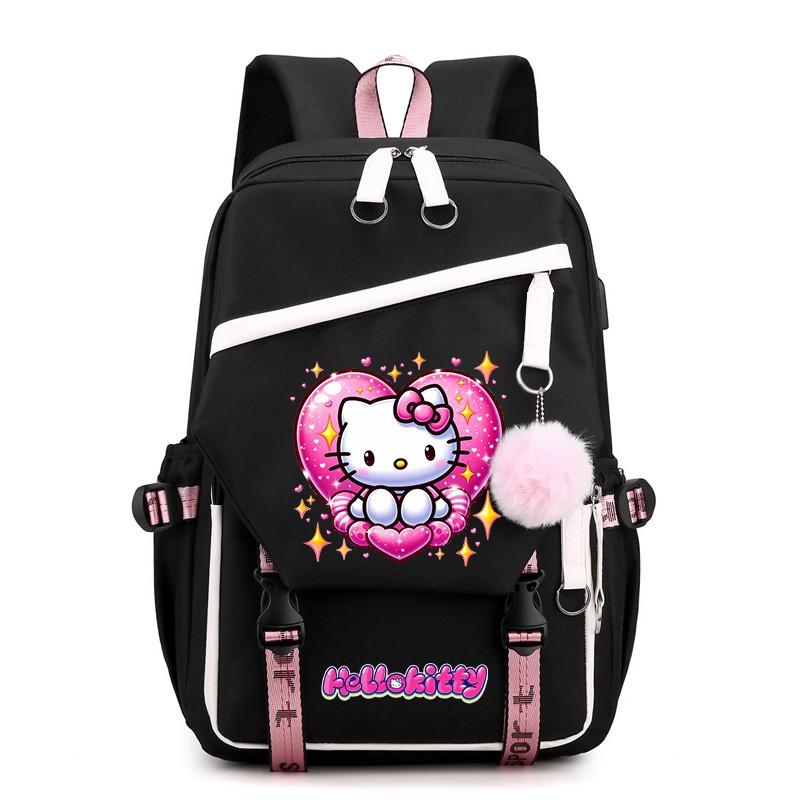 Kitty Cartoon School Backpack Teen Girls Kids Lightweight Oxford Fabric Bookbag With Padded Shoulder Straps 20-35L Capacity