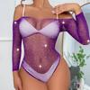 Women Sexy Fishnet Bodysuit See-Through Mesh Lingerie Women's Sparkling Rhinestone Off Shoulder Bodysuit
