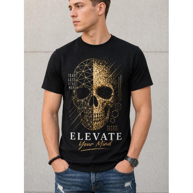 Men's black short sleeve crew neck t-shirt with gold geometric skull graphic, motivational quote "Elevate Your Mind", soft cotton blend, casual