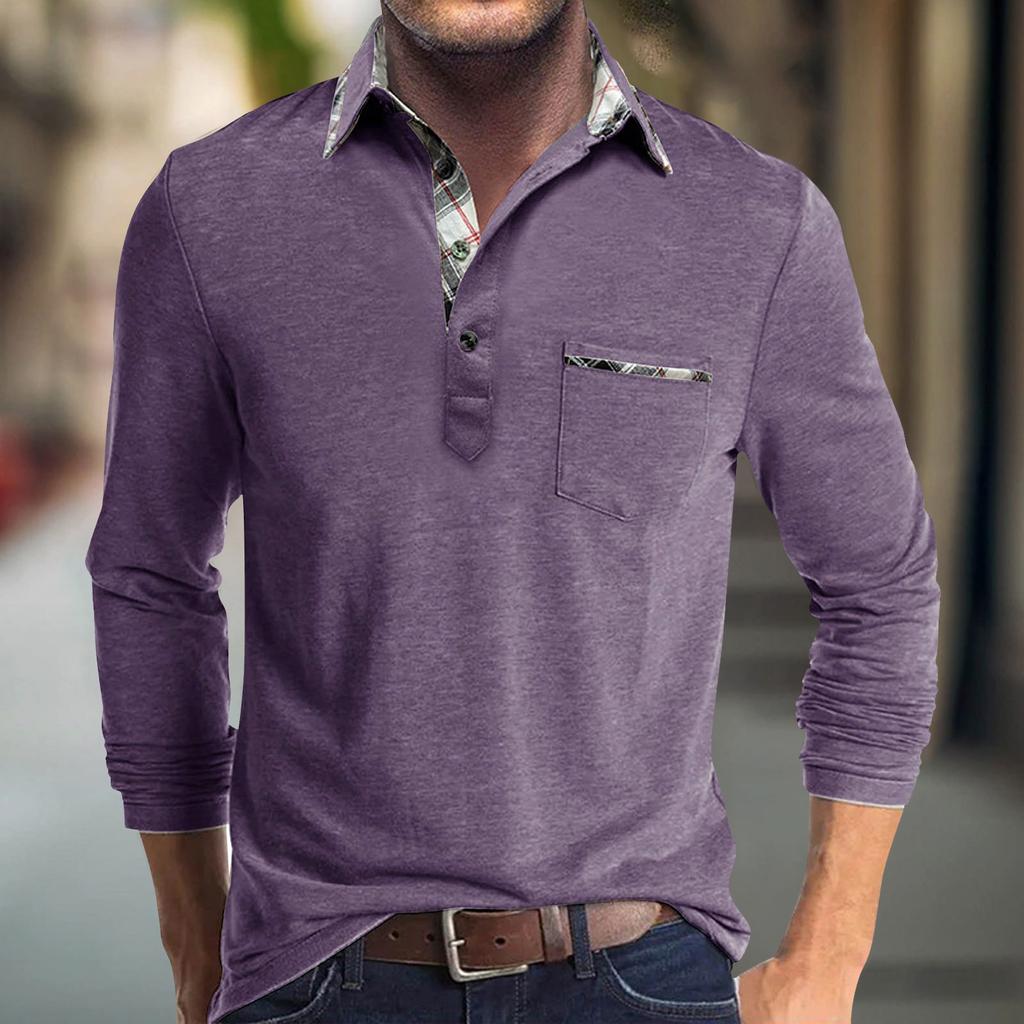 Мужская весенняя однотонная футболка с отворотом, 3 пуговицами, открытой планкой, длинными рукавами