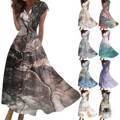 Женское длинное повседневное платье. Летнее платье с короткими рукавами и v-образным вырезом на талии с принтом.