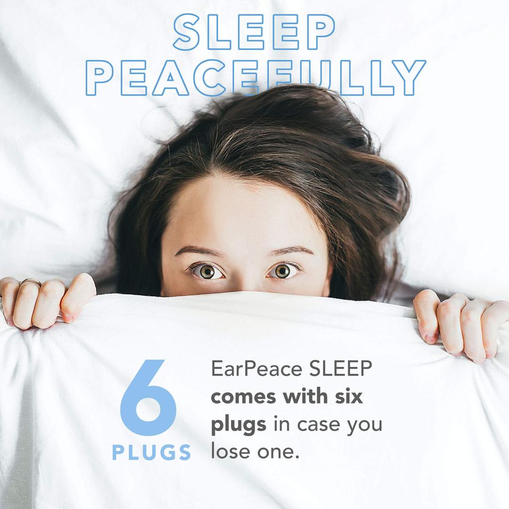 EarPeace Sleep with Standard Size Sound Noise Earplugs, 6-Pack, Case, Waterproof, Sauna-Safe, (Light Blocking, 25dB-30dB Reduction)