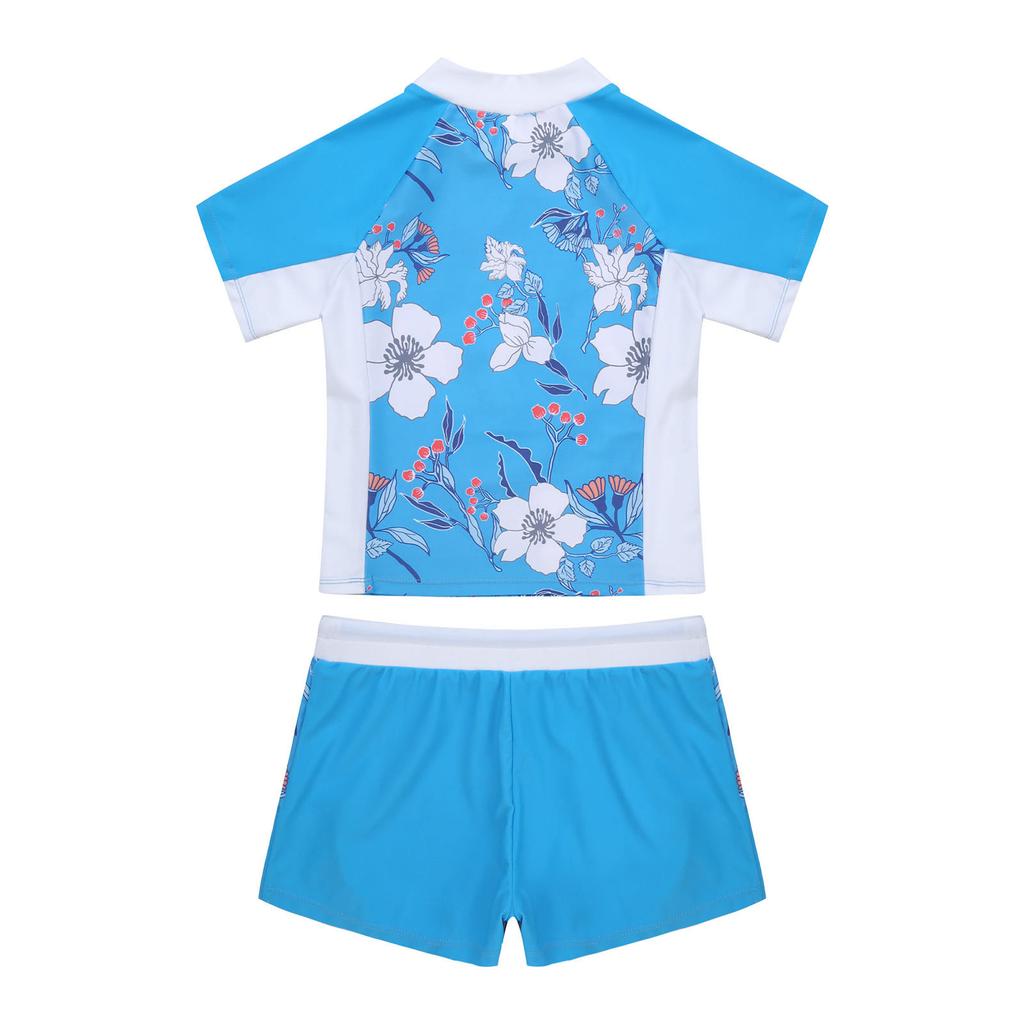 Girls 2 Piece Floral Print Swim Set Round Neck Short Sleeve Top Elastic Waist Boyshorts Beach Bathing Suit Swimsuit