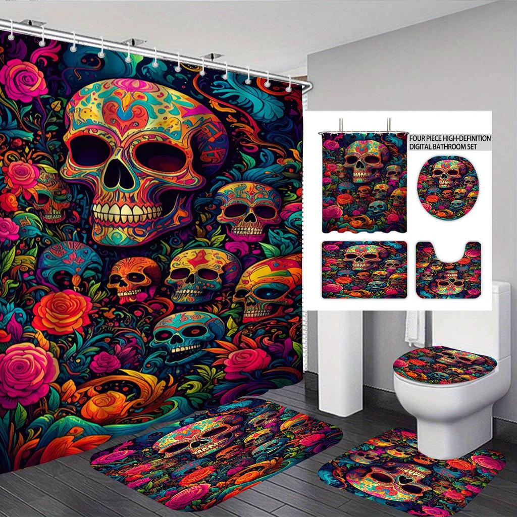 TikTok Halloween Bathroom 4-Piece Set: Polyester Waterproof Shower Curtain and Wet/Dry Partition