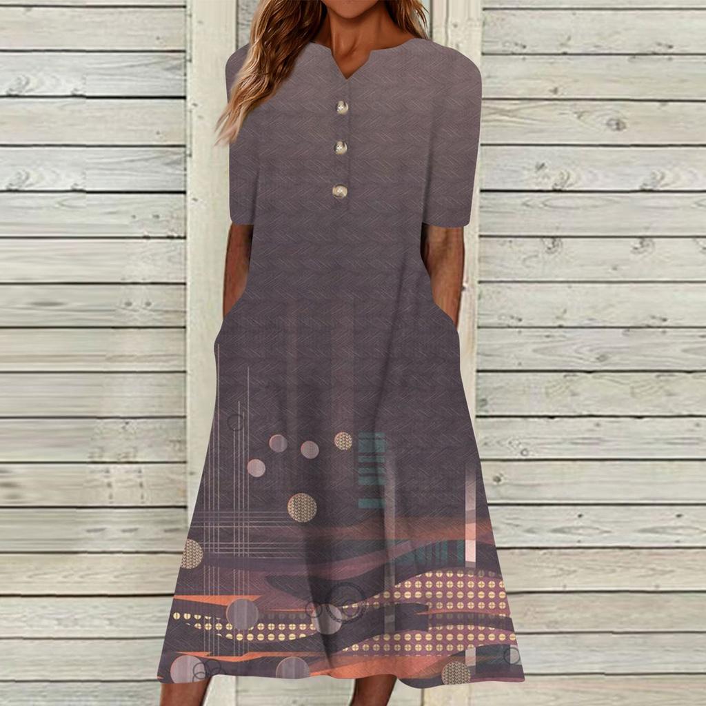 Women's Summer Casual Printed V-Neck Short-Sleeve Swing Dress