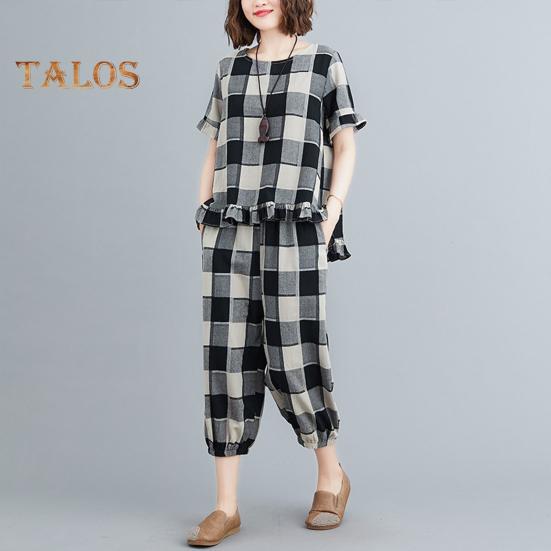 Женский комплект из 2 предметов для отдыха, повседневный клетчатый топ большого размера с короткими рукавами и спортивные брюки, летний свободный наряд