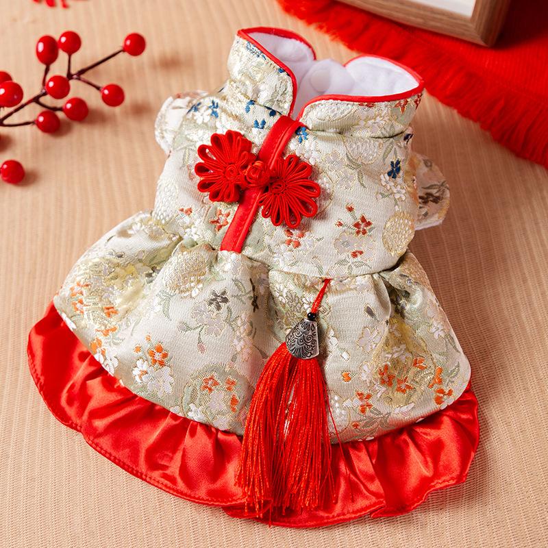 Dog Clothes New Year's Flower Tassel Tang Clothing Autumn and Winter Warm Teddy Bear Skirt New Year's Greeting Two-legged Pet Clothing