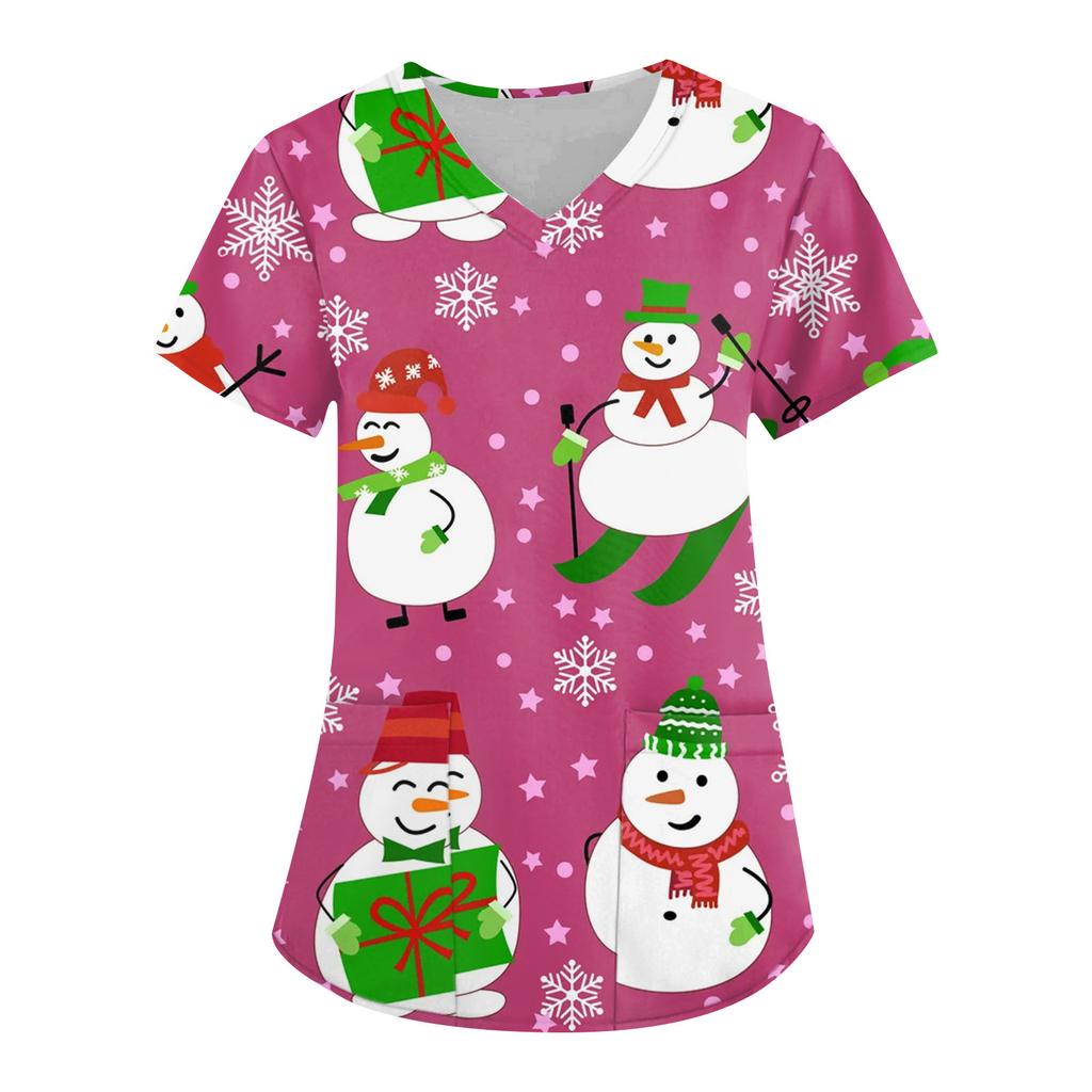 Women's Fashion V-neck Short Sleeve Workwear With Pockets Christmas Printed Tops