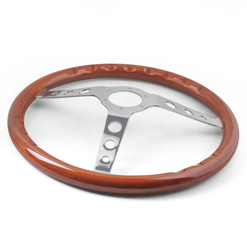 15"/ 380mm Vintage Classic Solid Wood Steering Wheel Stainless Steel Spokes w/ Horn Button