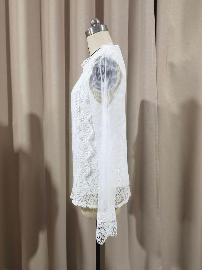 Новый элегантный однотонный сетчатый топ с длинными рукавами и буфами из кружева для женщин